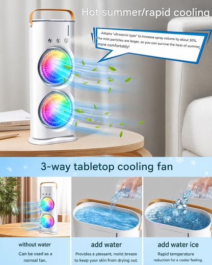 Portable Double Fan Mist Air Cooler with Remote | 5L Water Tank | Rechargeable USB | LED Lights | Ultra Quiet Cooling Fan
