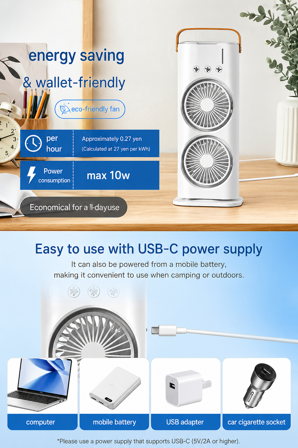Portable Double Fan Mist Air Cooler with Remote | 5L Water Tank | Rechargeable USB | LED Lights | Ultra Quiet Cooling Fan