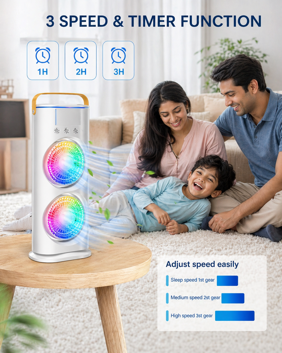 Portable Double Fan Mist Air Cooler with Remote | 5L Water Tank | Rechargeable USB | LED Lights | Ultra Quiet Cooling Fan