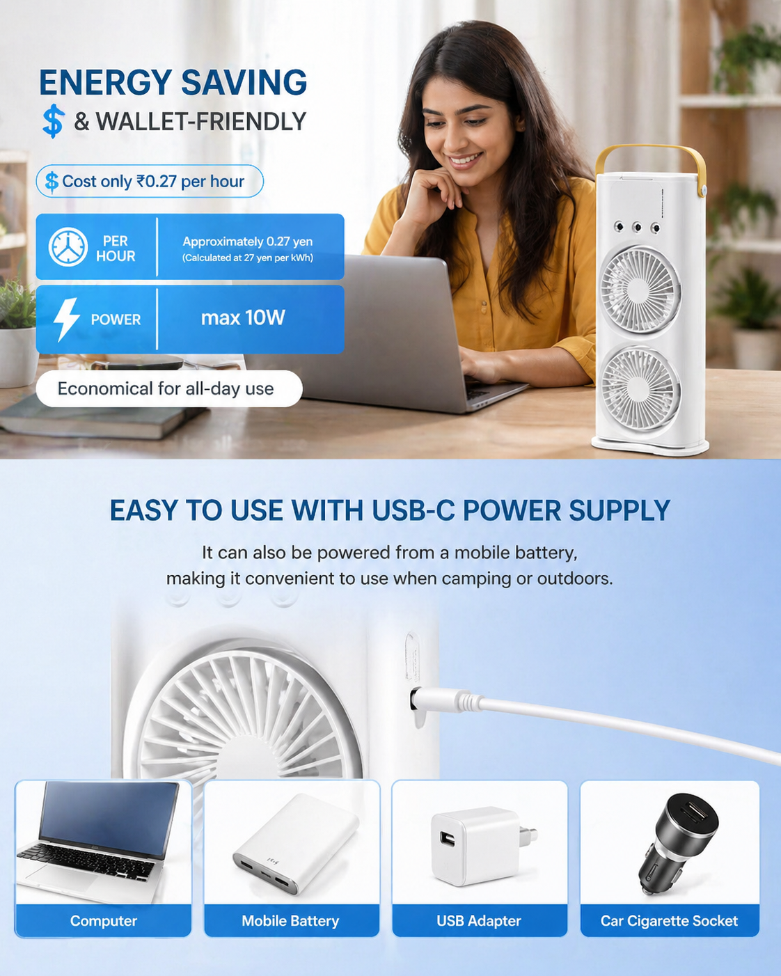 Portable Double Fan Mist Air Cooler with Remote | 5L Water Tank | Rechargeable USB | LED Lights | Ultra Quiet Cooling Fan