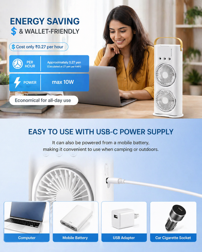 Portable Double Fan Mist Air Cooler with Remote | 5L Water Tank | Rechargeable USB | LED Lights | Ultra Quiet Cooling Fan