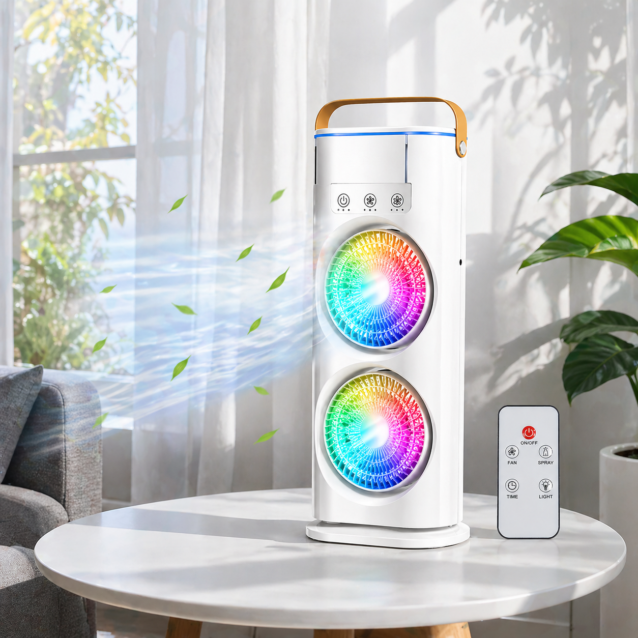 Portable Double Fan Mist Air Cooler with Remote | 5L Water Tank | Rechargeable USB | LED Lights | Ultra Quiet Cooling Fan