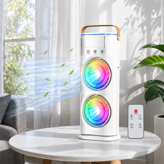 Portable Double Fan Mist Air Cooler with Remote | 5L Water Tank | Rechargeable USB | LED Lights | Ultra Quiet Cooling Fan
